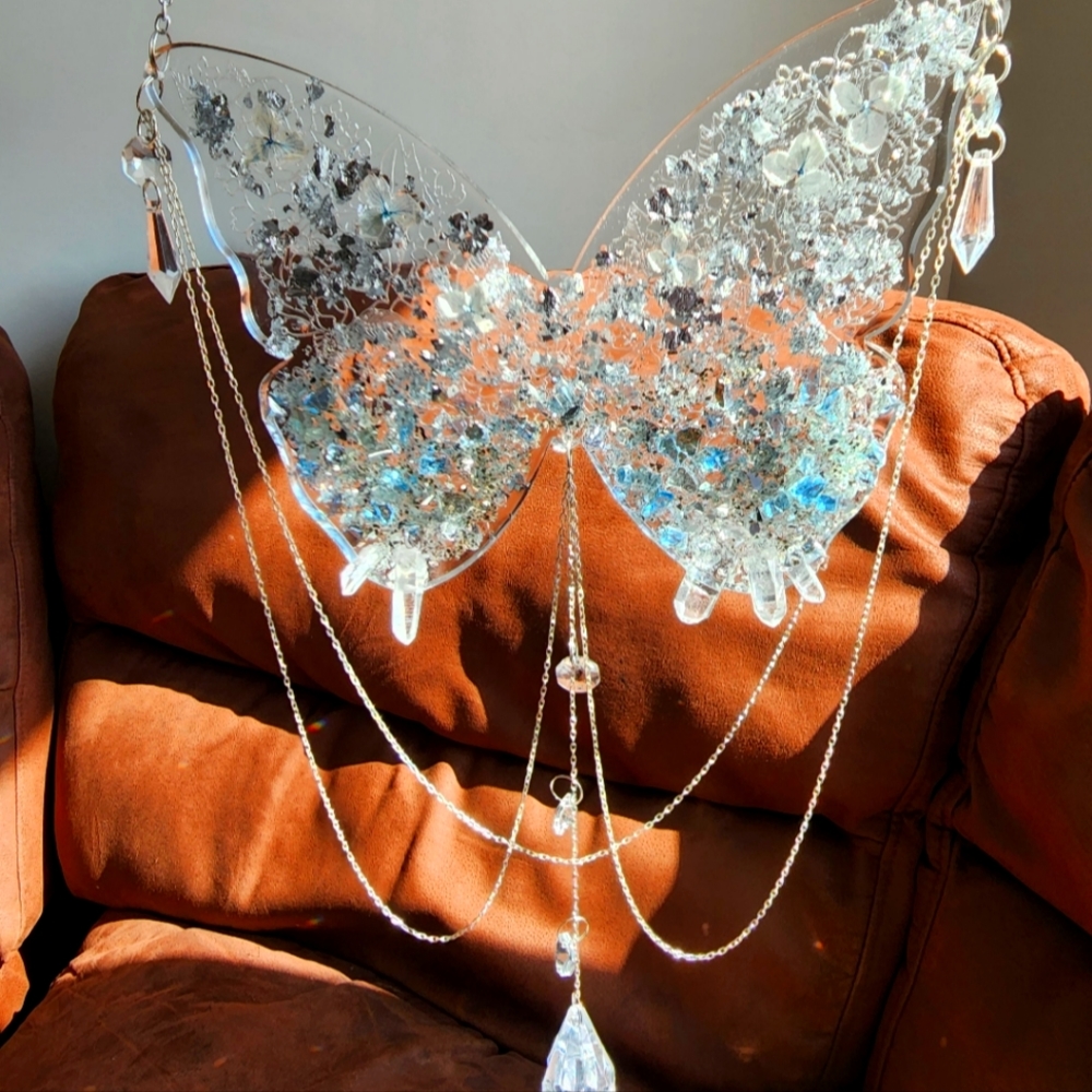 Crystal quartz butterfly, blue accent suncatcher